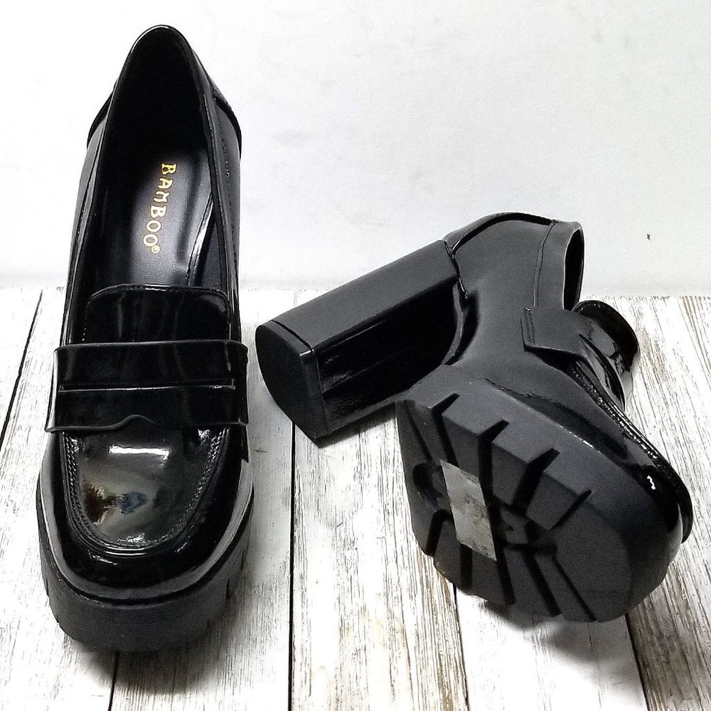 New Black Patent Platform Chunky High Heel Penny Loafers Size 5.5 - Picture 5 of 5